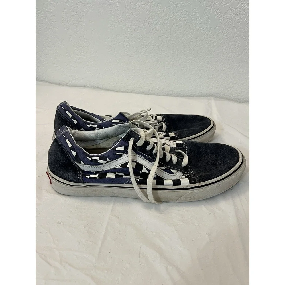 Vans Authentic‎ Lace Up White Blue Checkered Low Top Skate Shoes Mens 11.5 Suede